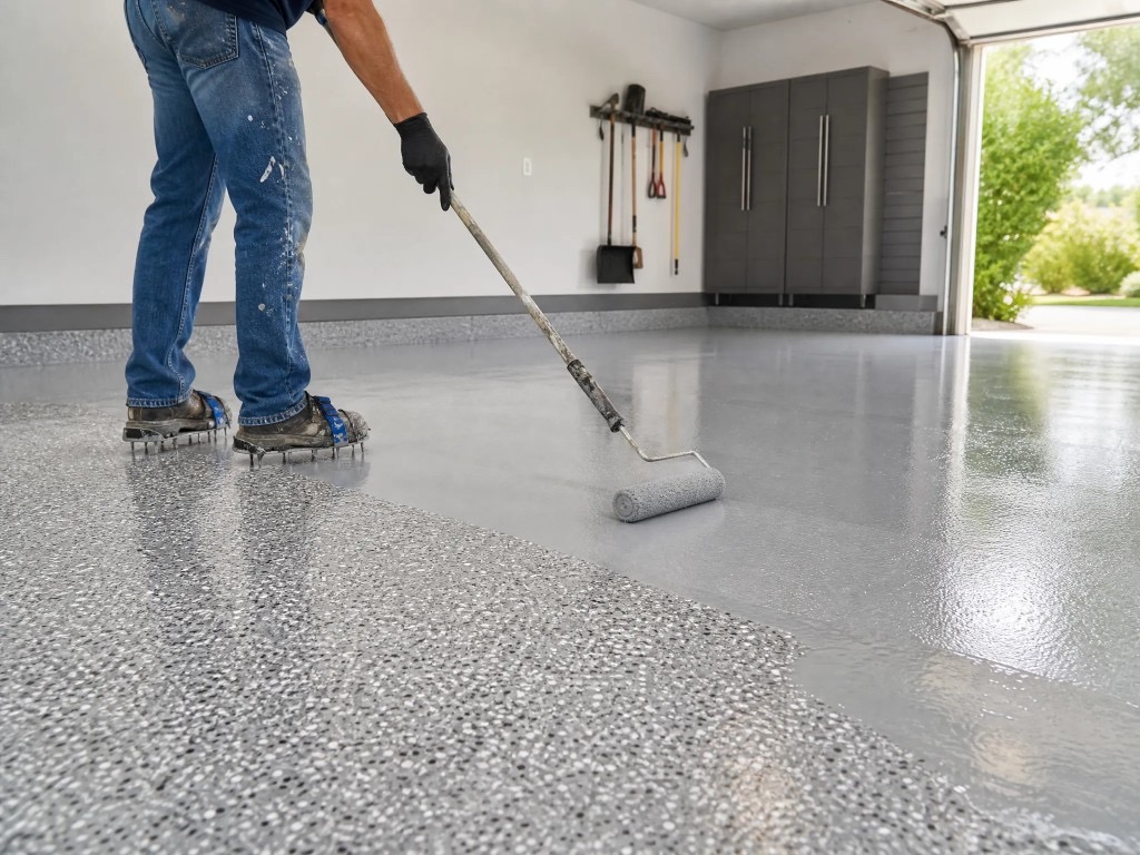Contractor applying epoxy topcoat with a roller over decorative flake flooring in a Camarillo garage