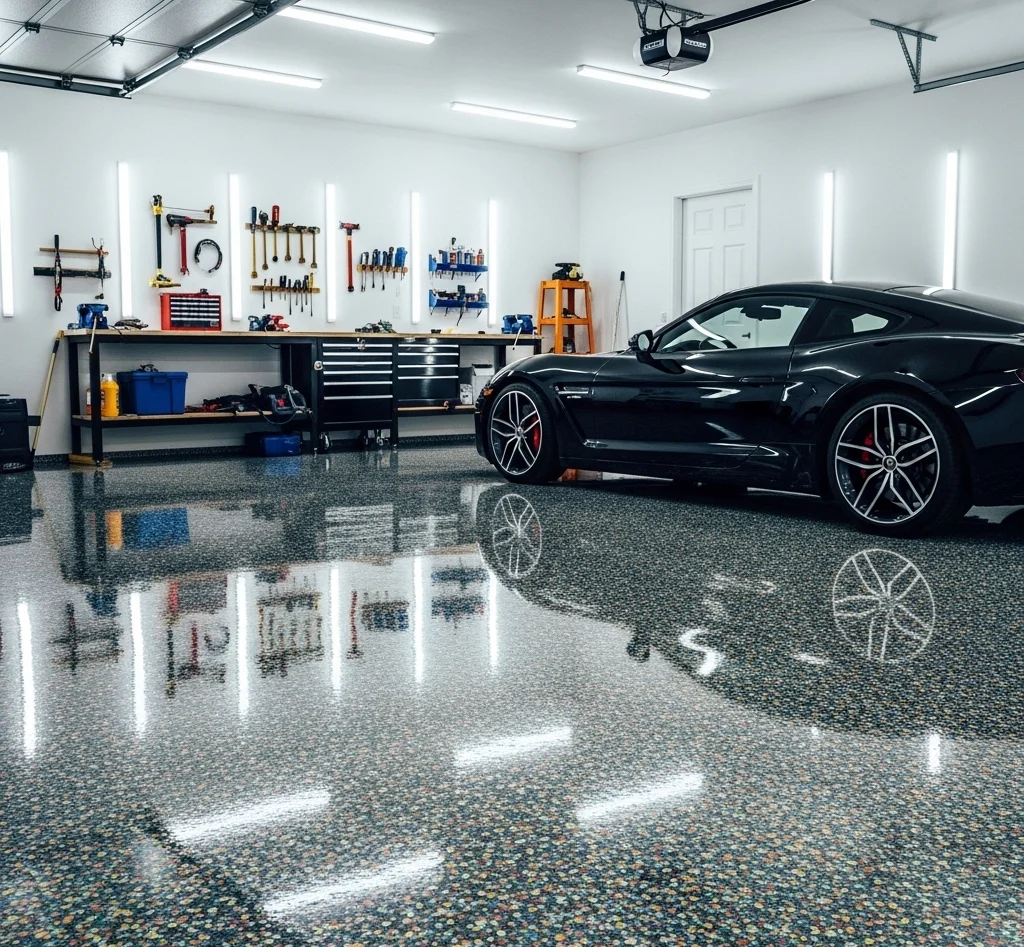 High-gloss polyurea garage floor coating with decorative flake finish in Camarillo, CA